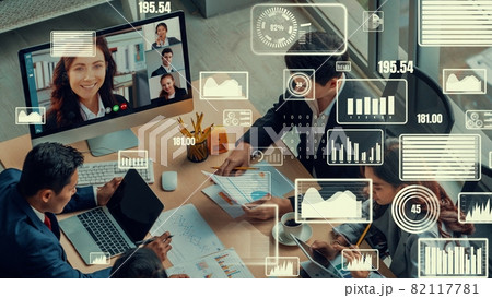 Creative visual of business people in a corporate staff meeting on video call Creative visual of business people in a corporate staff meeting on video call 82117781