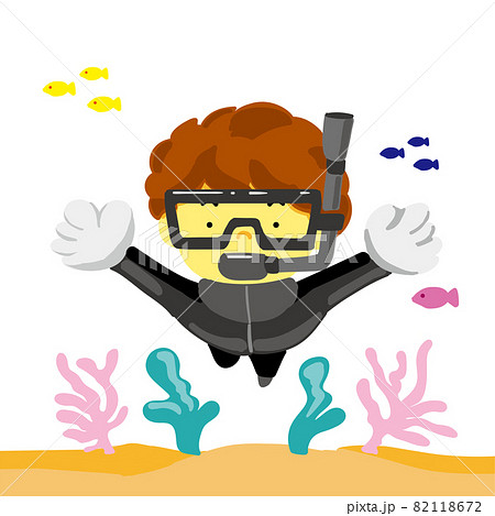 ダイビングをする男の子と小魚と珊瑚のイラストのイラスト素材