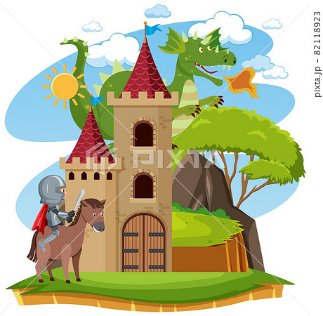 Knights fight with dragon at the castle 82118923