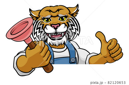Wildcat Plumber Cartoon Mascot Holding Plunger 82120653