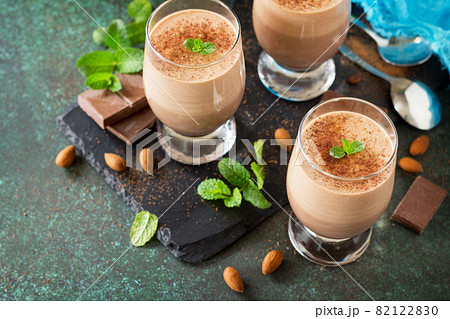 Homemade Dark Chocolate Mousse on a stone or slate background. Copy space. 82122830