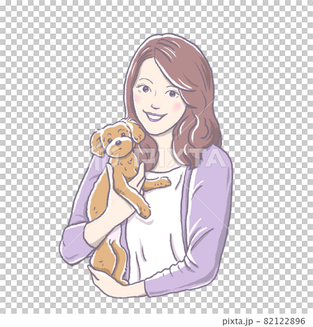 トイプードルの仔犬を抱っこする笑顔の若い女性 82122896