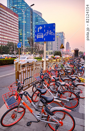 Mobike bicycle-sharing system bicycles on Changan Avenue in Beijing Mobike bicycle-sharing system bicycles on Changan Avenue in Beijing 82124354