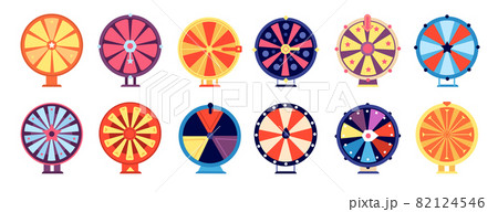 Fortune wheel. Spin roulette icon, odds success in gambling. Wealth winning opportunity, internet casino, risk entertainment utter vector set Fortune wheel. Spin roulette icon, odds success in gambling. Wealth winning opportunity, internet casino, risk entertainment utter vector set 82124546