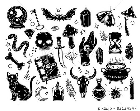 Witchcraft set. Drawn magic crystals, witch ball and black cat. Human skull, esoteric occult symbols. Medieval magical halloween exact vector set Witchcraft set. Drawn magic crystals, witch ball and black cat. Human skull, esoteric occult symbols. Medieval magical halloween exact vector set 82124547