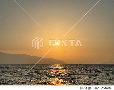 Beautiful scenic sunset over Ionian sea in Vlore Albania. Copy space. Beautiful scenic sunset over Ionian sea in Vlore Albania. Copy space. 82125080