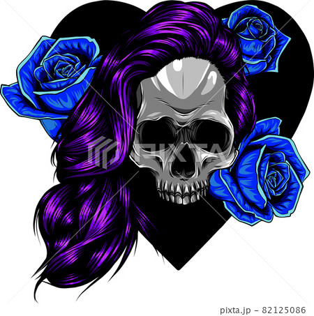 Human skull with flower wreath of roses and wild flowers. 82125086