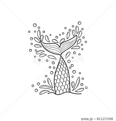 Hand drawn silhouette of mermaid tail with splashing water. Graphic tattoo. 82125396