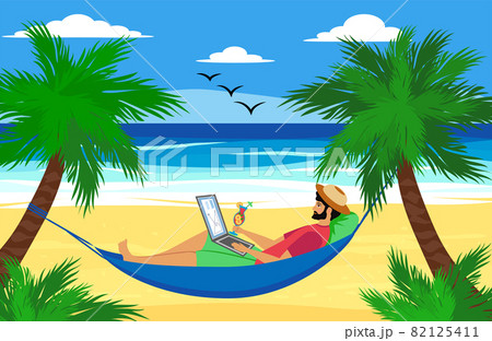 Man lying on a hammock with a laptop with a tropical cocktail. Freelancer and palms, remote work and freelancer concept Man lying on a hammock with a laptop with a tropical cocktail. Freelancer and palms, remote work and freelancer concept 82125411