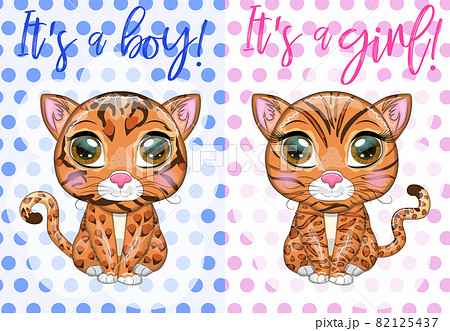 Baby Shower greeting card with Cute boy and girl. Cartoon Bengal cat with expressive eyes. Wild animals, character, childish cute style Baby Shower greeting card with Cute boy and girl. Cartoon Bengal cat with expressive eyes. Wild animals, character, childish cute style 82125437