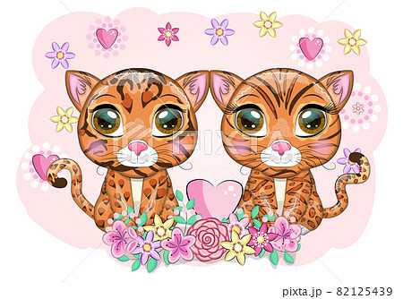 Baby Shower greeting card with Cute boy and girl. Cartoon Bengal cat with expressive eyes. Wild animals, character, childish cute style 82125439