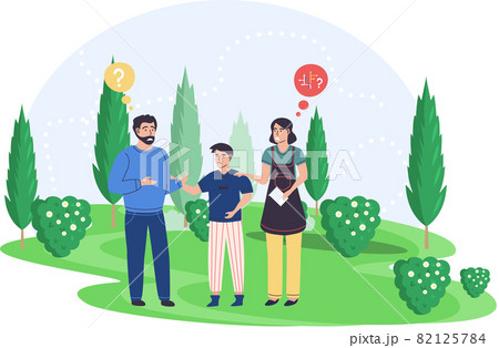 Family walking together, lost in summer park. Father, mother and son anxious people talking 82125784