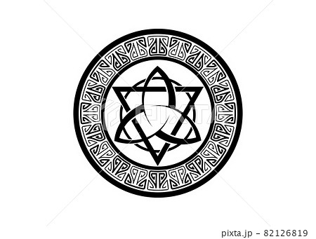 Triquetra with Triangle and Circle logo, Trinity Knot tattoo, Pagan Celtic symbol Triple Goddess. Wicca frame sign, book of shadows, Vector Border Wiccan divination isolated on white background 82126819