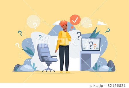 Making confusion. Doubts person surrounded by question marks. Questions dilemma situations 82126821