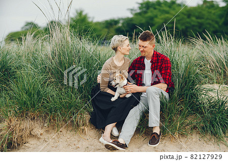 happy couple with dog in Chicago happy couple with dog in Chicago 82127929