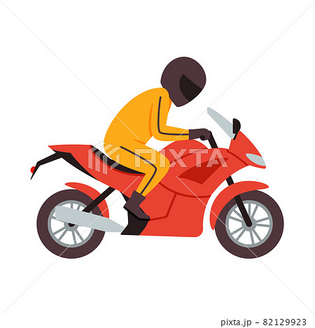 Motorcyclist racer in helmet ride on red motorbike a vector illustration. 82129923