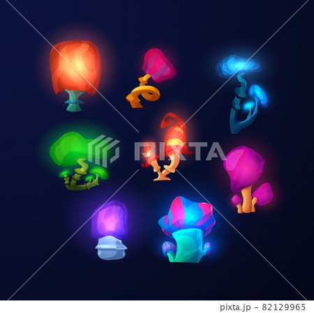 Glowing magic fantasy mushrooms collection, flat vector illustration isolated. Glowing magic fantasy mushrooms collection, flat vector illustration isolated. 82129965