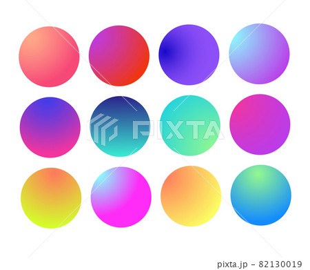 Rounded holographic gradient sphere. Multicolor green purple yellow orange pink cyan fluid circle gradients, colorful soft round buttons or vivid color spheres flat set. 82130019