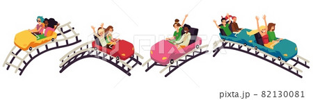 Children and teenagers ride a roller coaster in an amusement park. 82130081