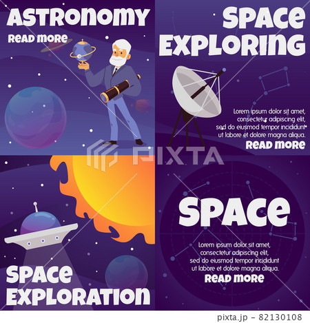 Outer space exploring banners set with astronomer, flat vector illustration. 82130108
