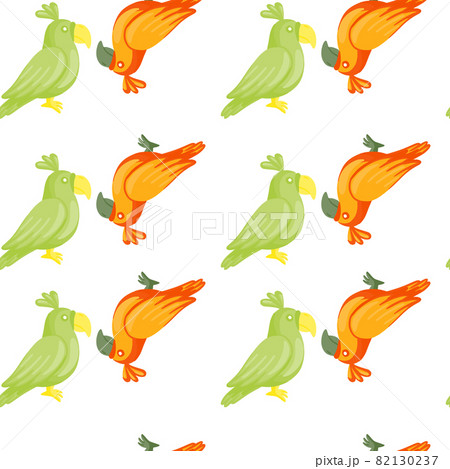 Green and orange colored parrots silhouettes seamless doodle pattern. White background. Isolated print. 82130237