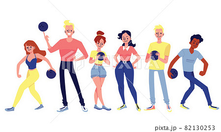 A set of male and female persons holding bowling balls and play in sport game. A set of male and female persons holding bowling balls and play in sport game. 82130253