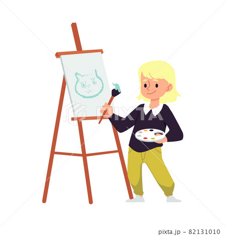 Blonde girl standing behind easel painting, isolated flat vector illustration. 82131010