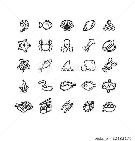Seafood Sign Black Thin Line Icon Set. Vector 82132170