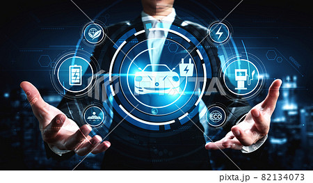 Electric car virtual reality concept with EV charging station for green energy 82134073