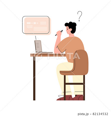 Young student studying remotely from home flat vector illustration isolated on white background. Distance education and virtual classroom internet technology. 82134532
