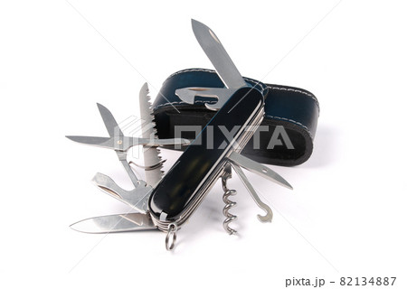 Black swiss army knife isolated on a white 82134887