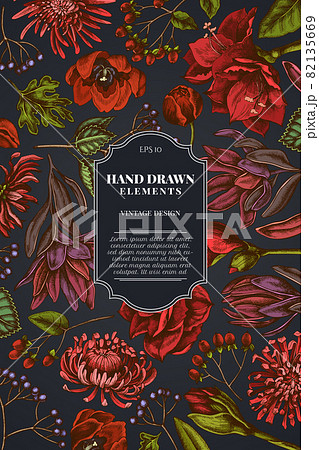 Card design on dark background with viburnum, hypericum, tulip, aster, leucadendron, amaryllis 82135669