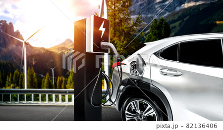 EV charging station for electric car in concept of green sustainable energy EV charging station for electric car in concept of green sustainable energy 82136406