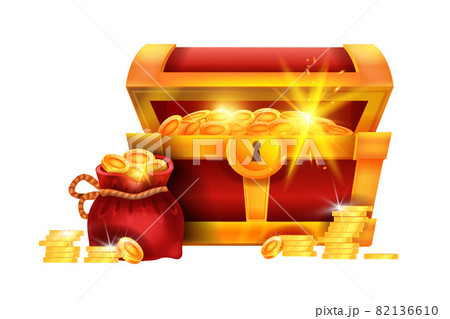 Open treasure chest filled with golden coins, gold - Stock Illustration  [61303996] - PIXTA