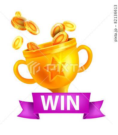 Game level up win icon, vector golden bonus cup casino rank reward, victory goblet badge shiny coins 82136613