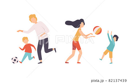 Parent and Their Children Spending Good Time Together Football and Volleyball Vector Set Parent and Their Children Spending Good Time Together Football and Volleyball Vector Set 82137439