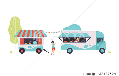Amusement Park Kiosk and Tent with Woman at Counter Selling Food and Snack Vector Set 82137524