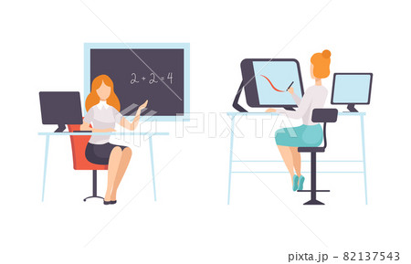 Work and Career with Woman Math Teaching and Drawing in Graphic Editor Vector Set Work and Career with Woman Math Teaching and Drawing in Graphic Editor Vector Set 82137543
