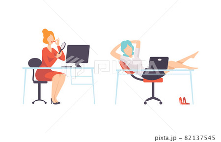 Work and Career with Woman at Office Desk Resting and Putting on Lipstick Vector Set Work and Career with Woman at Office Desk Resting and Putting on Lipstick Vector Set 82137545