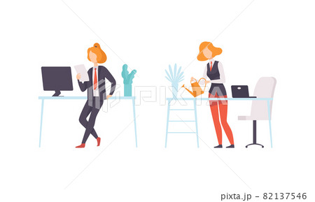 Work and Career with Woman in Suit at Office Desk Vector Set Work and Career with Woman in Suit at Office Desk Vector Set 82137546