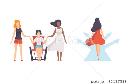 Woman Walking Forward and Having Support as Gender Equity Vector Set Woman Walking Forward and Having Support as Gender Equity Vector Set 82137553