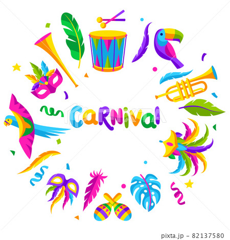 Carnival party background with celebration icons, objects and decor. Mardi Gras illustration for traditional holiday. Carnival party background with celebration icons, objects and decor. Mardi Gras illustration for traditional holiday. 82137580
