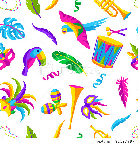 Carnival party seamless pattern with celebration icons, objects and decor. Mardi Gras background for traditional holiday. 82137597