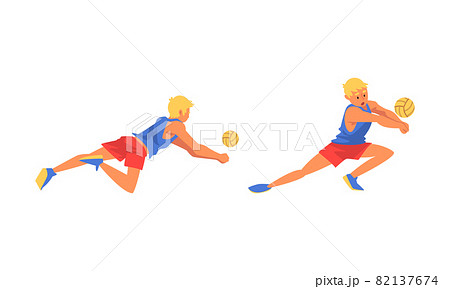 Young Blond Man Volleyball Player Hitting and Tossing the Ball with Hands Vector Set 82137674