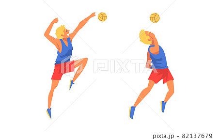 Young Blond Man Volleyball Player Hitting and Tossing the Ball with Hands Vector Set Young Blond Man Volleyball Player Hitting and Tossing the Ball with Hands Vector Set 82137679