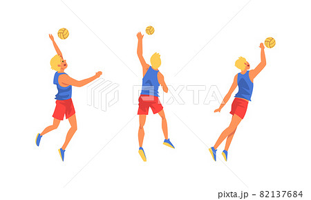 Young Blond Man Volleyball Player Hitting and Tossing the Ball with Hands Vector Set 82137684