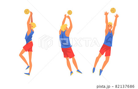Young Blond Man Volleyball Player Hitting and Tossing the Ball with Hands Vector Set 82137686