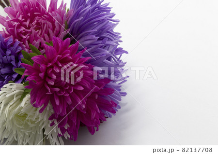 Multicolored autumn flowers asters on a white background. Birthday, Mother's Day card, invitation. Copy space, pattern, wallpaper Multicolored autumn flowers asters on a white background. Birthday, Mother's Day card, invitation. Copy space, pattern, wallpaper 82137708