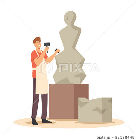 Talented Young Man Sculptor Working on Sculpture Making Figure of Stone or Marble. Craft Hobby and Creative Profession 82138449