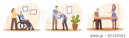 Set Caregiving of Elderly Concept. Young People Care of Seniors. Caregiver Bring Food, Help to Walk and Push Wheelchair 82139161